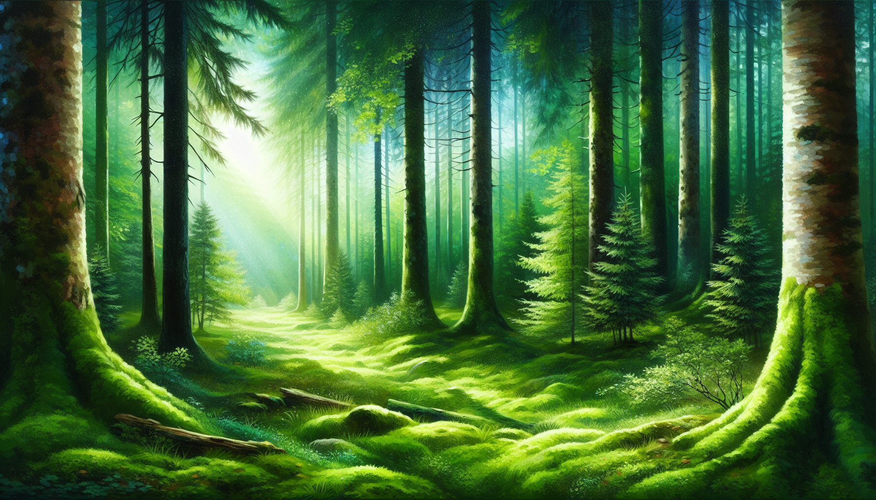 Illustration of a serene forest with green trees and a sense of tranquility