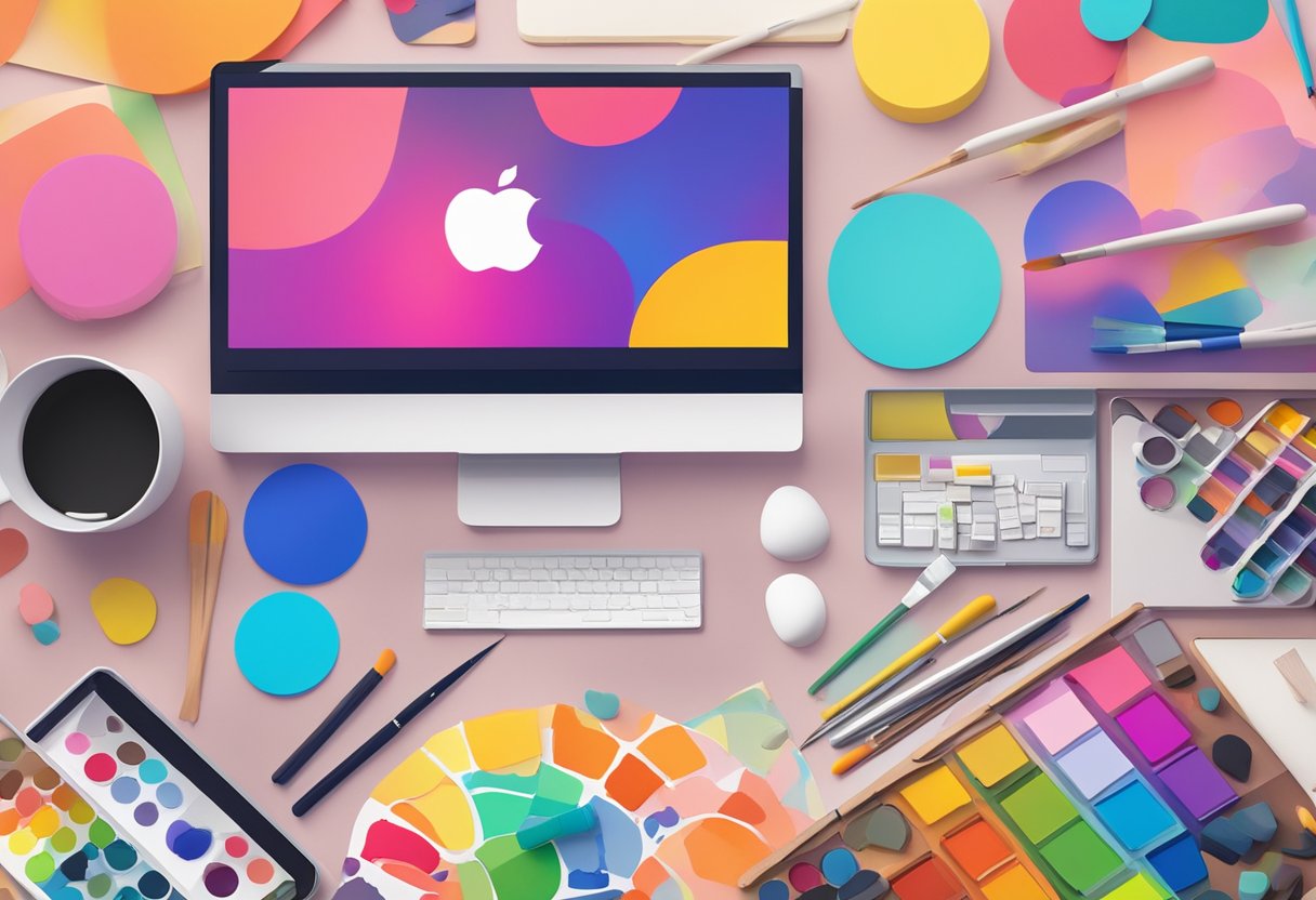 A colorful palette and paintbrushes sit on a desk, next to a computer displaying the Instagram logo. A burst of creativity and inspiration fills the room