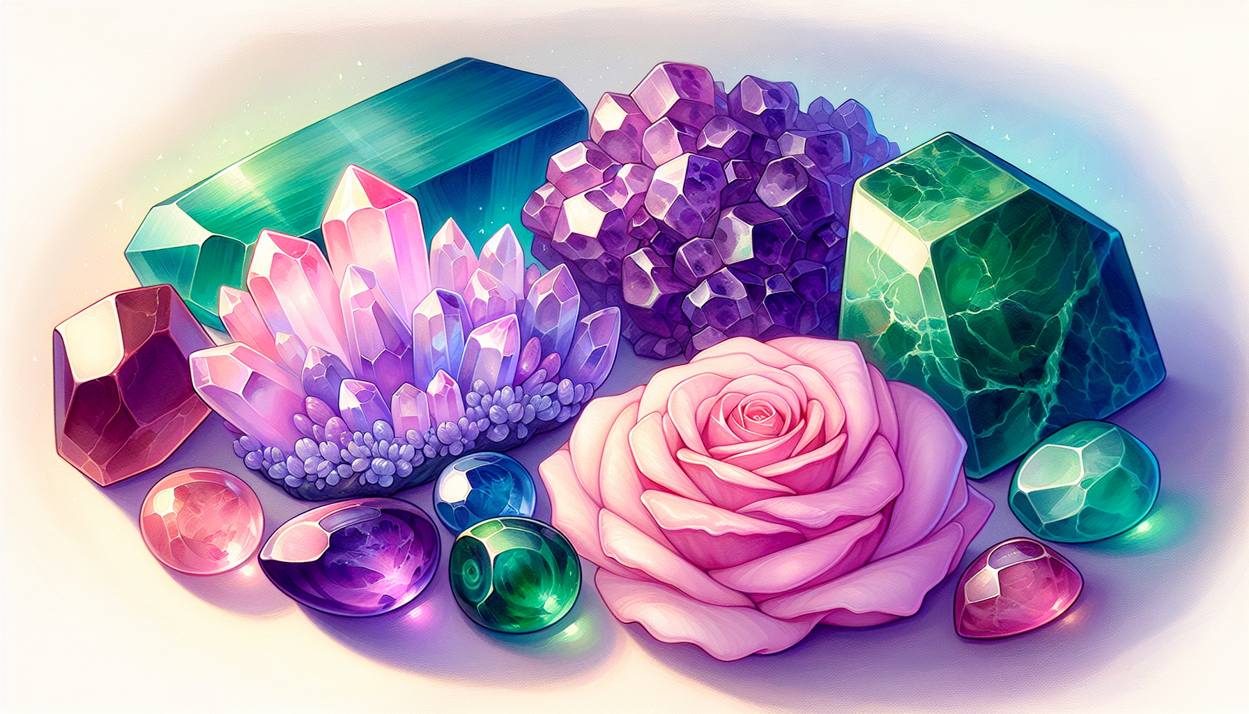 Illustration of various alternative healing minerals including rose quartz and amethyst