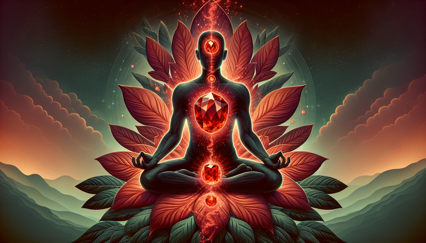 Artistic representation of a red garnet stone positioned on the root chakra