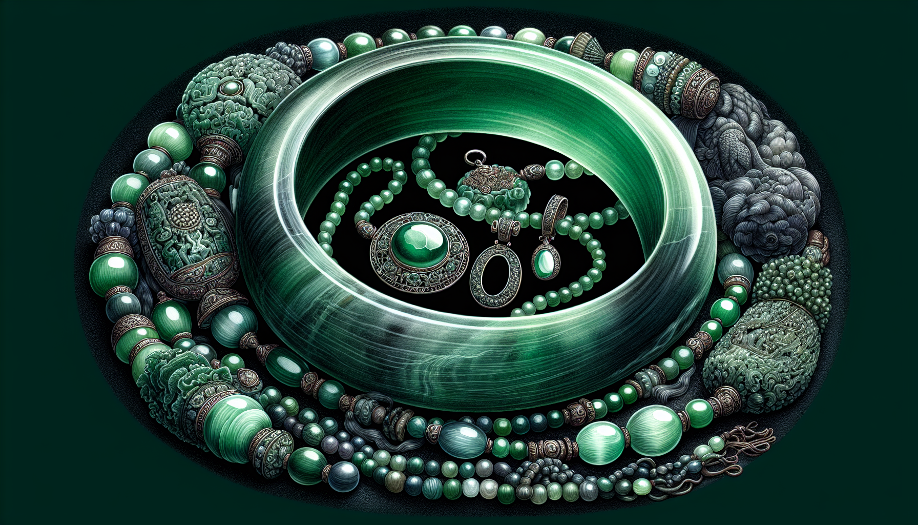 Various jade jewelry including bangles and pendants