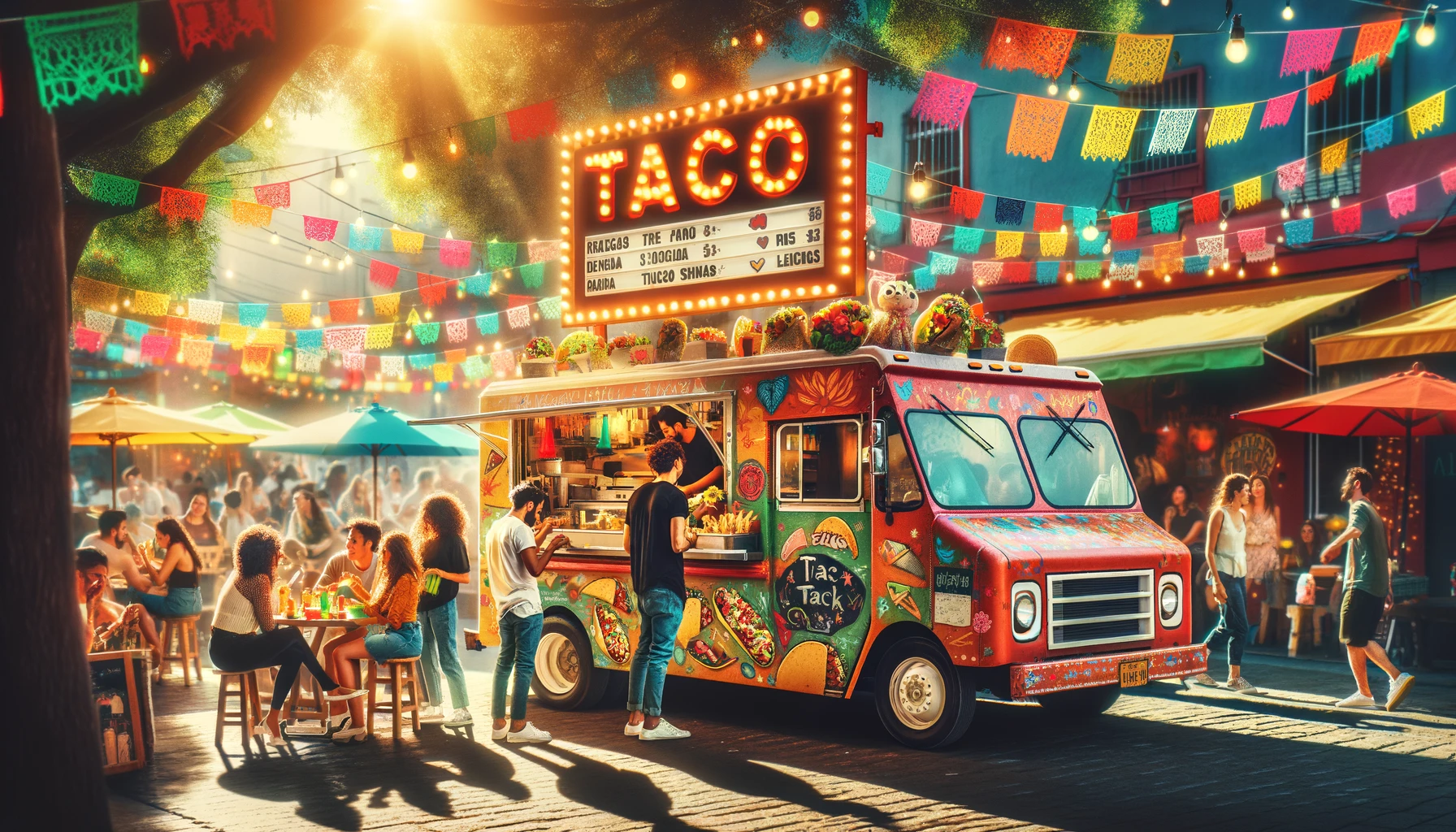 A vibrant, bustling taco truck parked on a sunny street, surrounded by colorful decorations and mouth-watering tacos being served to happy customers