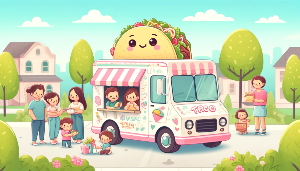 A charming and adorable taco truck with a cute design, pastel colors, and fun decorations. The truck is parked in a friendly neighborhood, surrounded