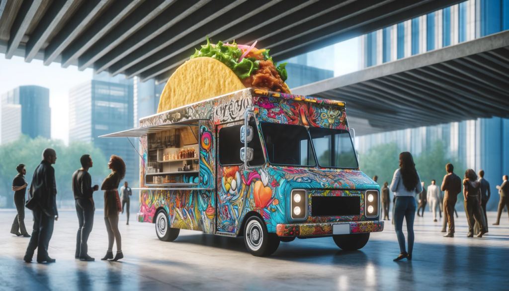 A creative taco truck with an artistic design, featuring unique decorations and vibrant colors. The truck is parked in an urban area, with people