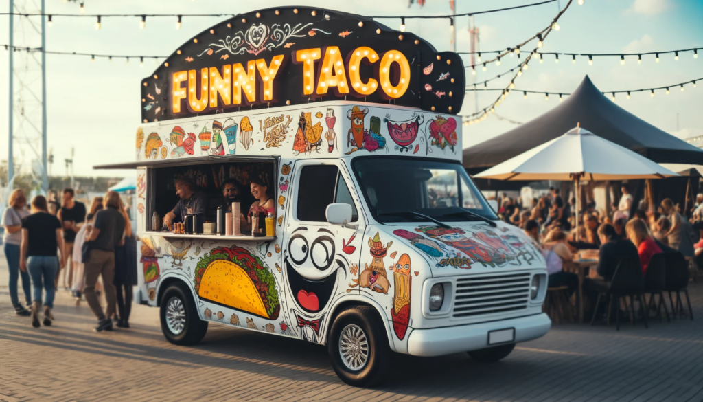 A funny taco truck with a quirky design, humorous decorations, and playful colors