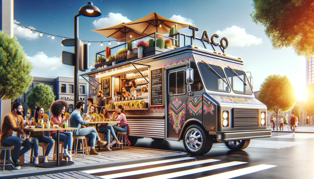 A trendy taco truck with a modern design, sleek decorations, and stylish colors