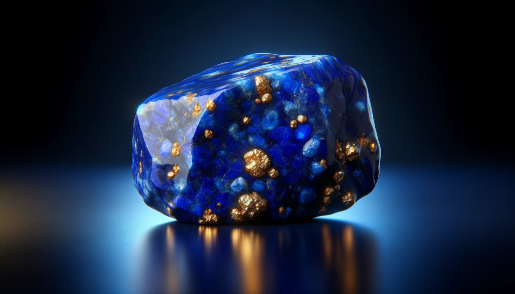 lapis lazuli, featuring its deep blue color with golden flecks of pyrite scattered throughout