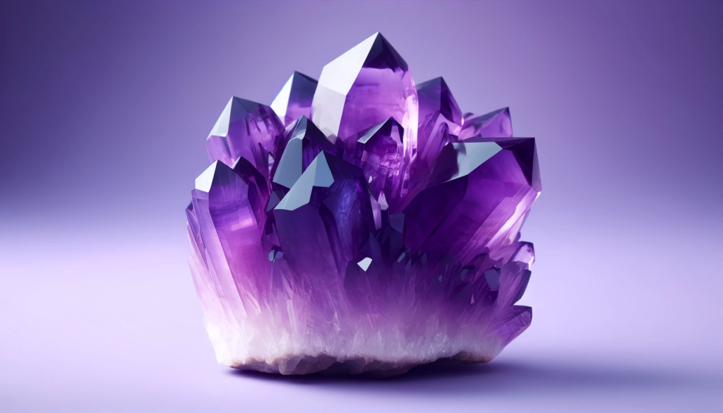 an amethyst crystal, showcasing its vibrant deep purple color with a translucent appearance