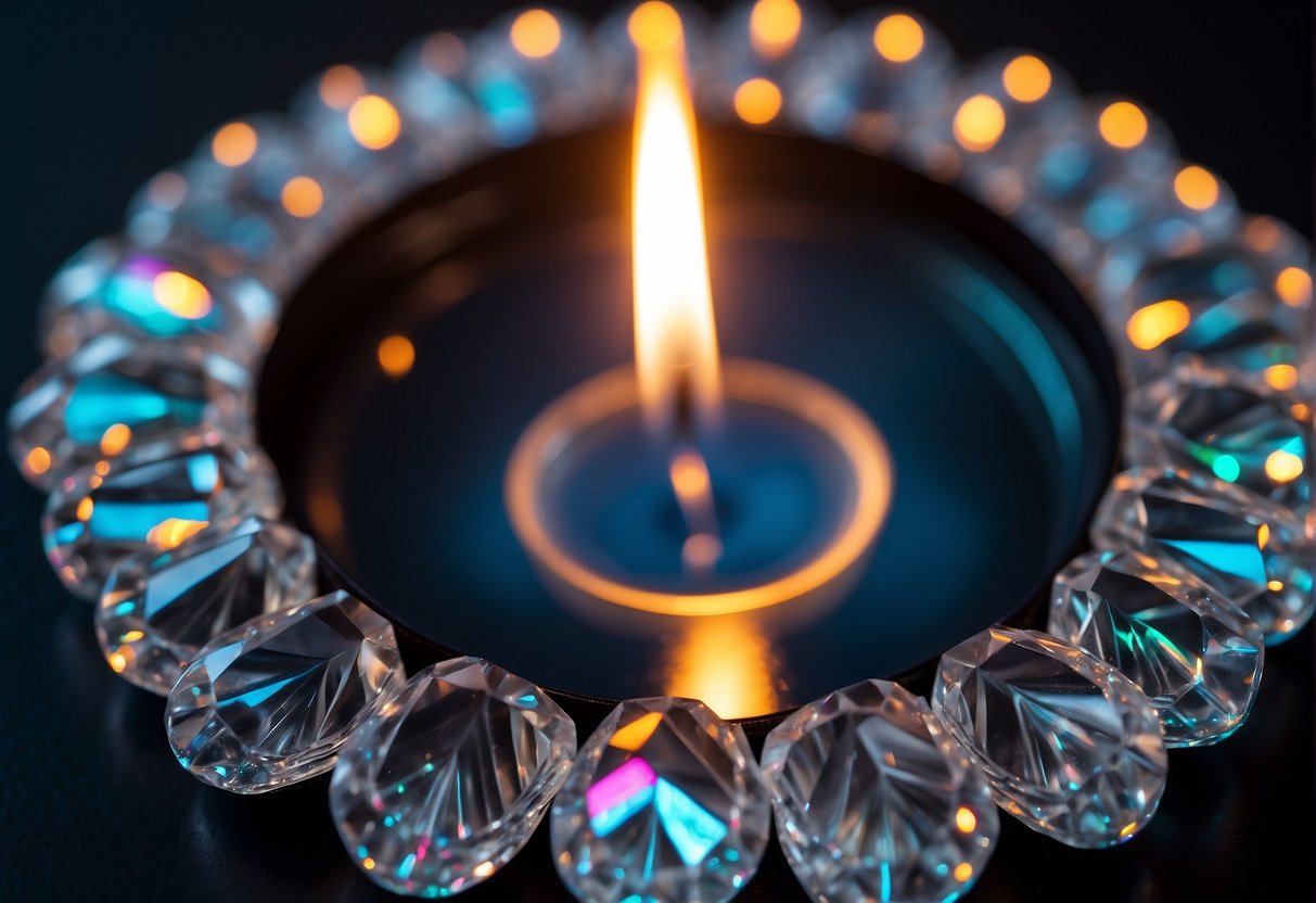 A circle of crystals surrounds a glowing candle, emitting a protective aura