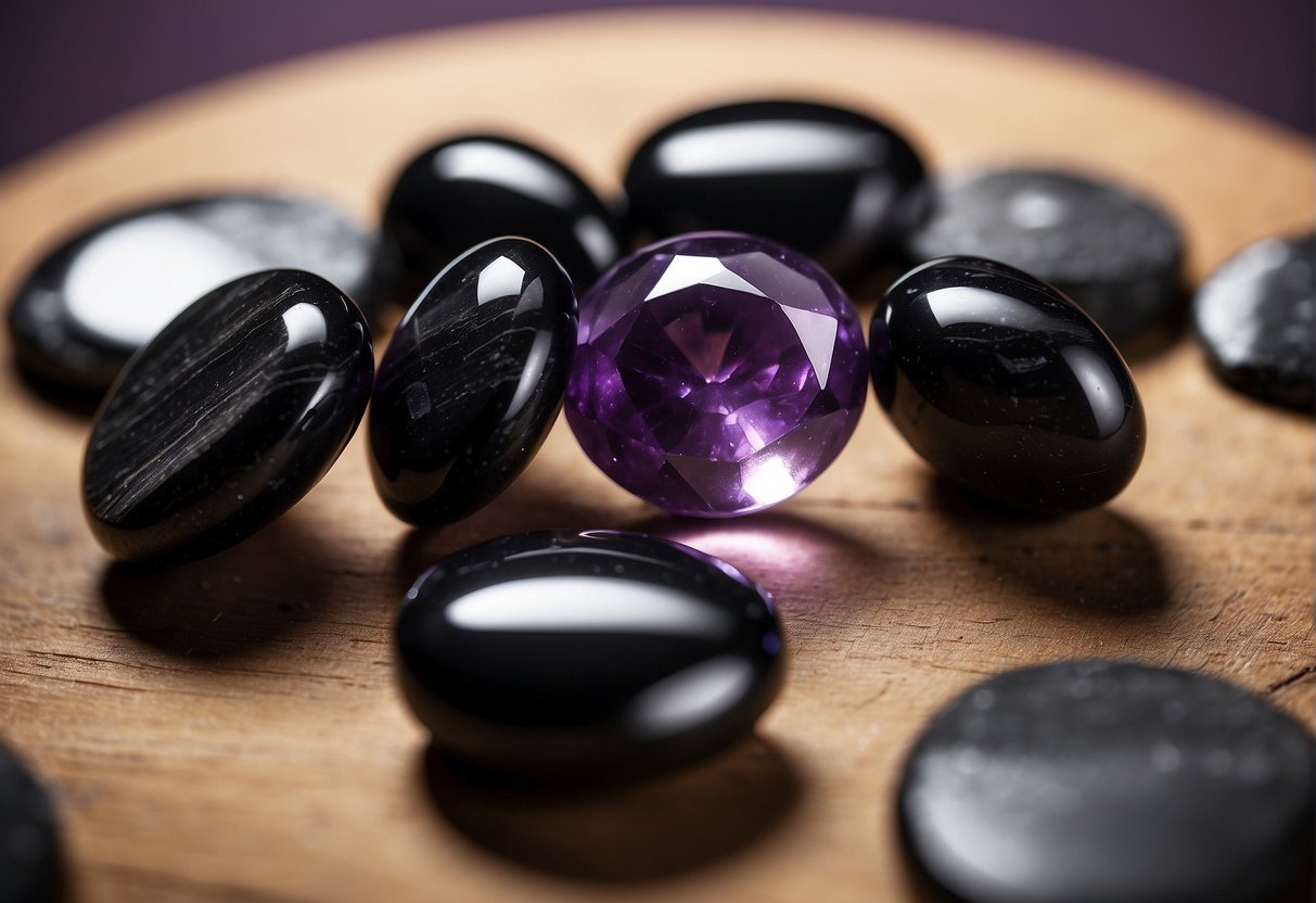 A circle of amethyst, black tourmaline, and obsidian crystals surrounded by a glowing, protective energy field