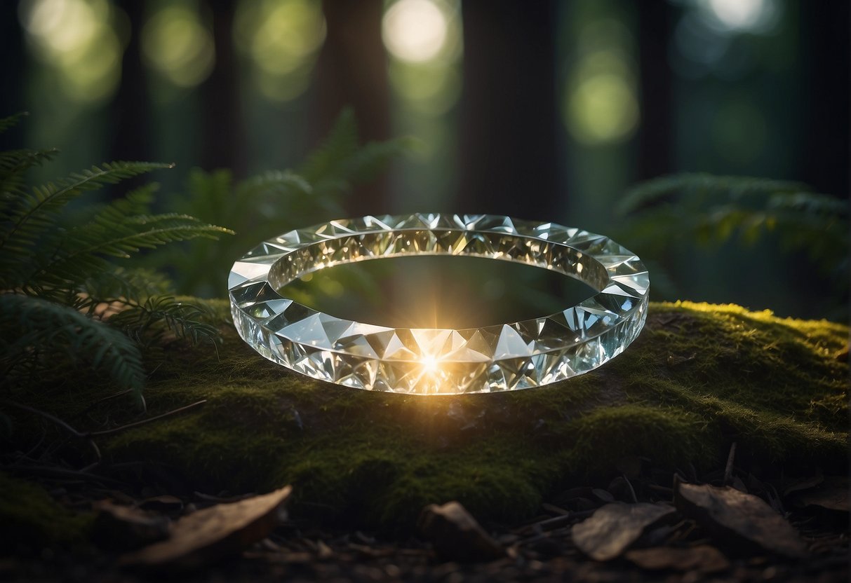A circle of glowing crystals repelling dark energy in a serene forest clearing