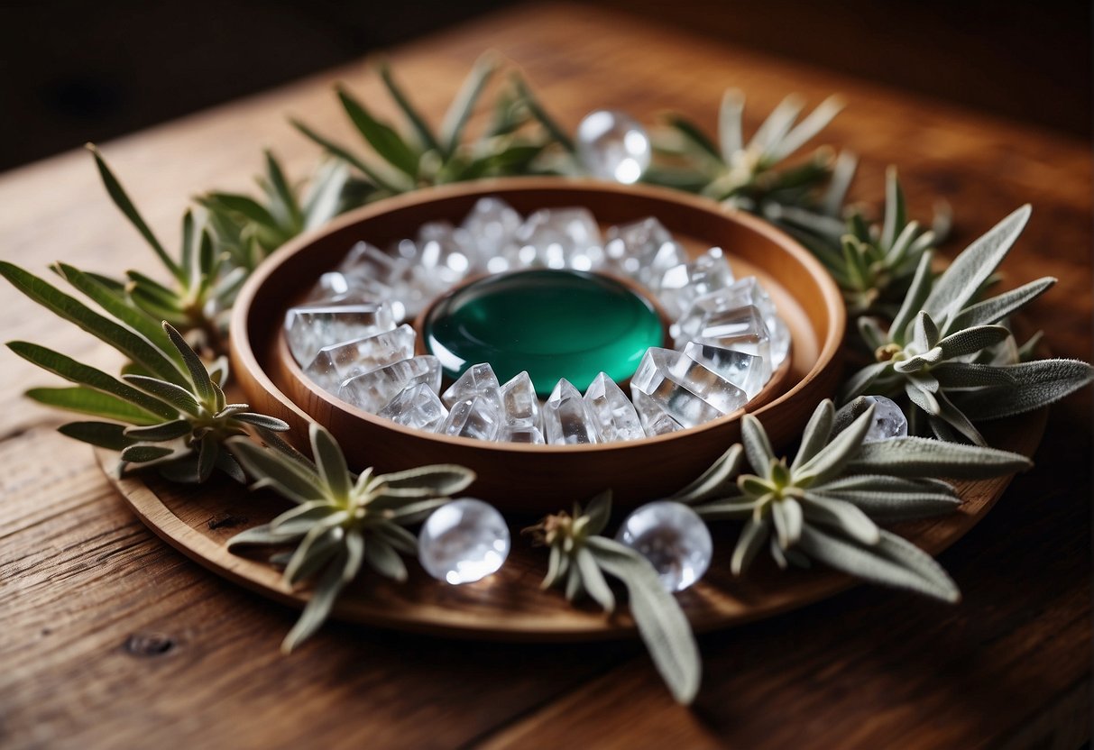 Crystals arranged in a circular pattern on a wooden table, surrounded by burning sage for purification and protection