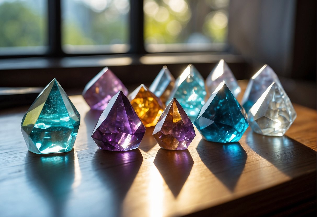 A table displaying various protection crystals, each labeled with their unique properties and benefits. Light filters through the window, casting a soft glow on the crystals, creating a serene and calming atmosphere