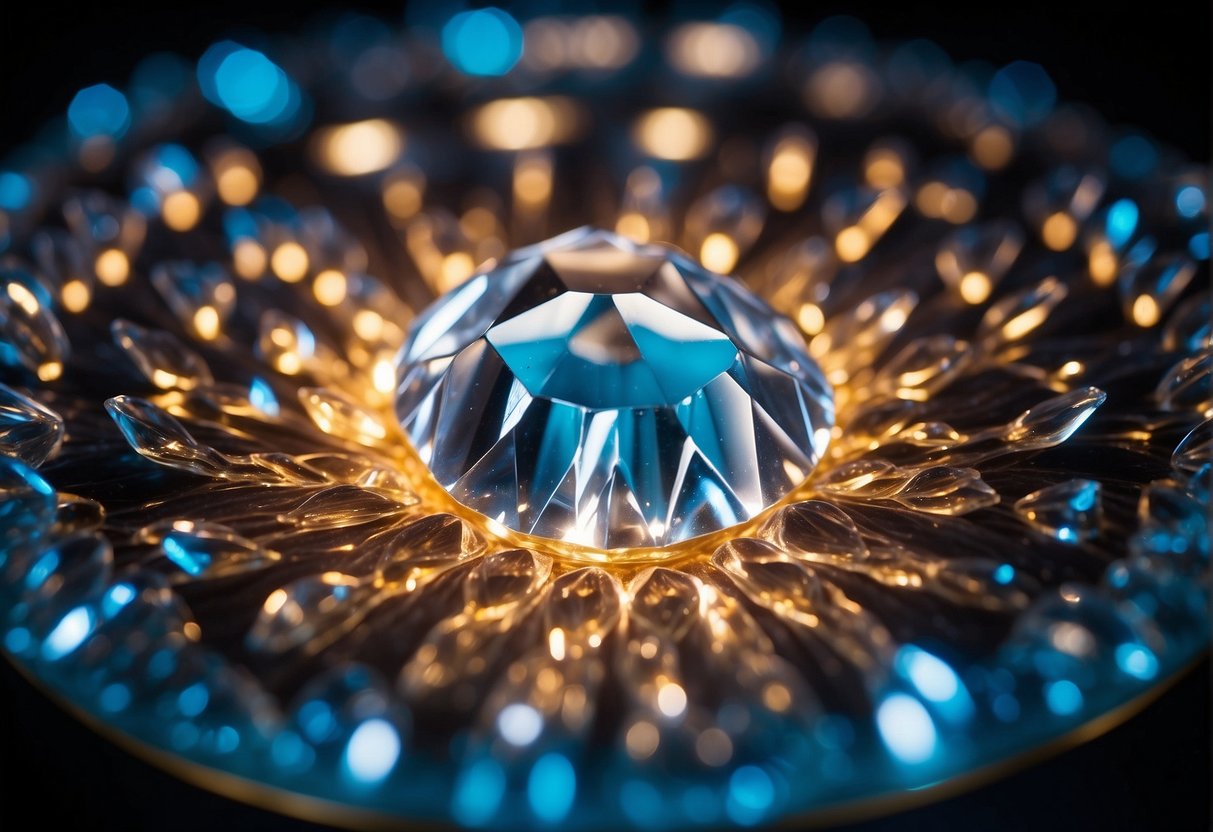 Crystals arranged in a circle, radiating energy. A larger crystal at the center, surrounded by smaller ones. Bright light illuminates the scene