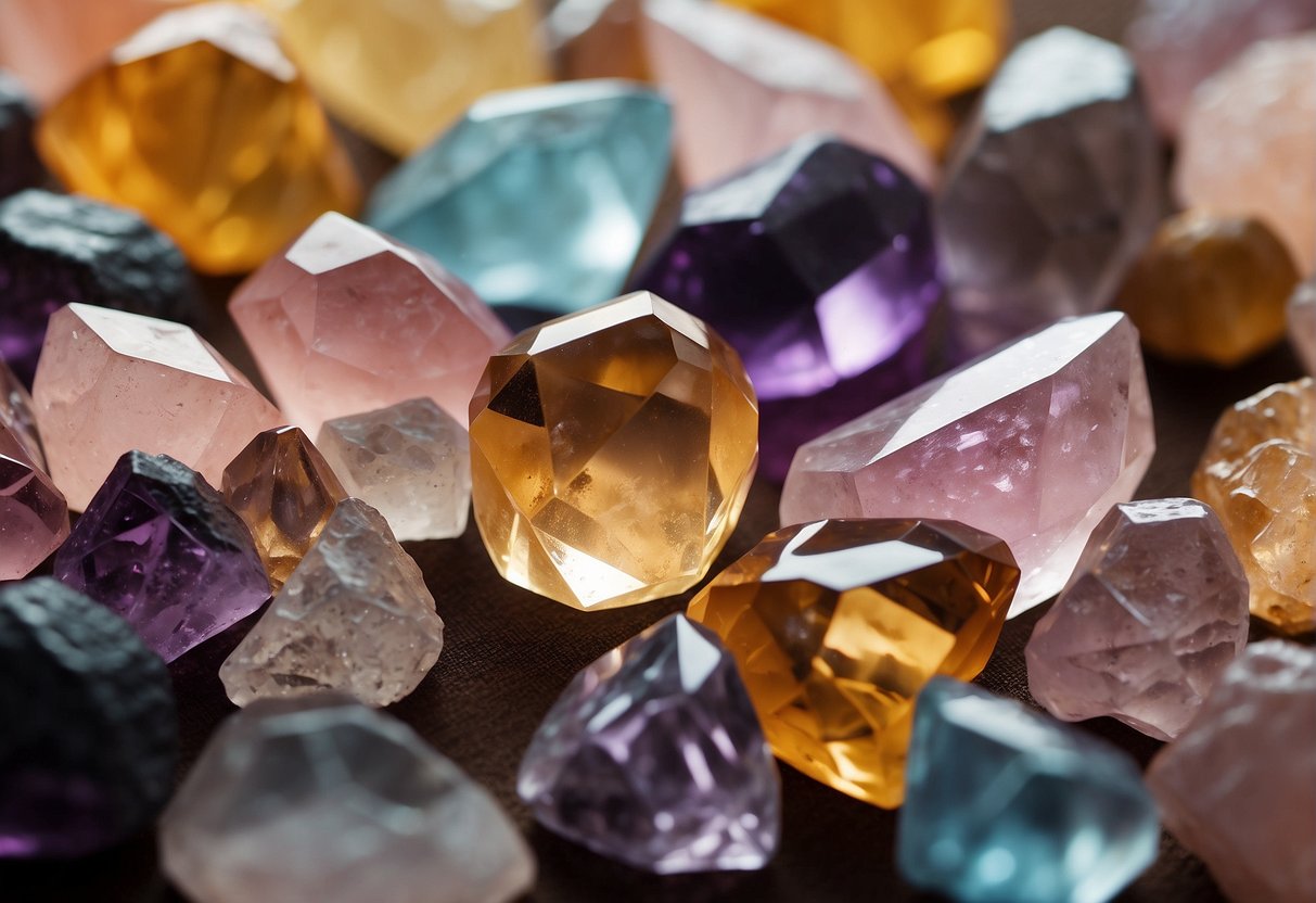 Various crystals scattered on a soft fabric, including amethyst, rose quartz, and citrine. A gentle glow illuminates the scene, creating a calming atmosphere