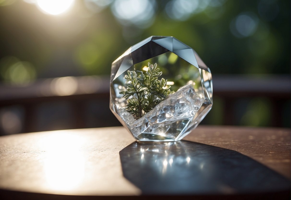 A serene setting with crystals arranged on a table. A person holds a crystal, focusing on its calming energy