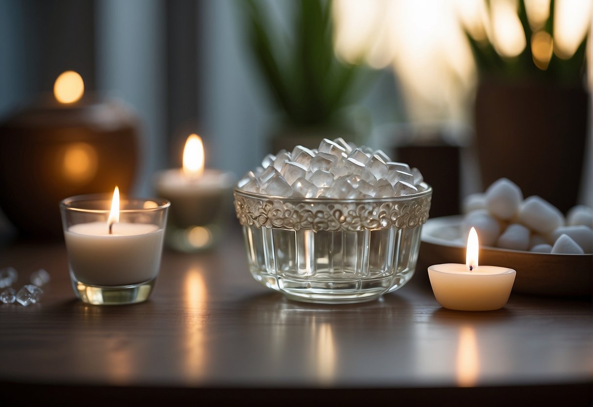 A serene setting with crystals arranged on a table, soft lighting, and a calming atmosphere to depict complementary therapies for anxiety