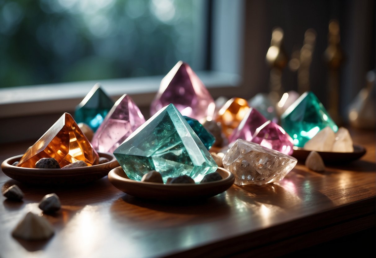 A collection of crystals arranged on a table, with a sign reading "Frequently Asked Questions crystals for anxiety" displayed prominently