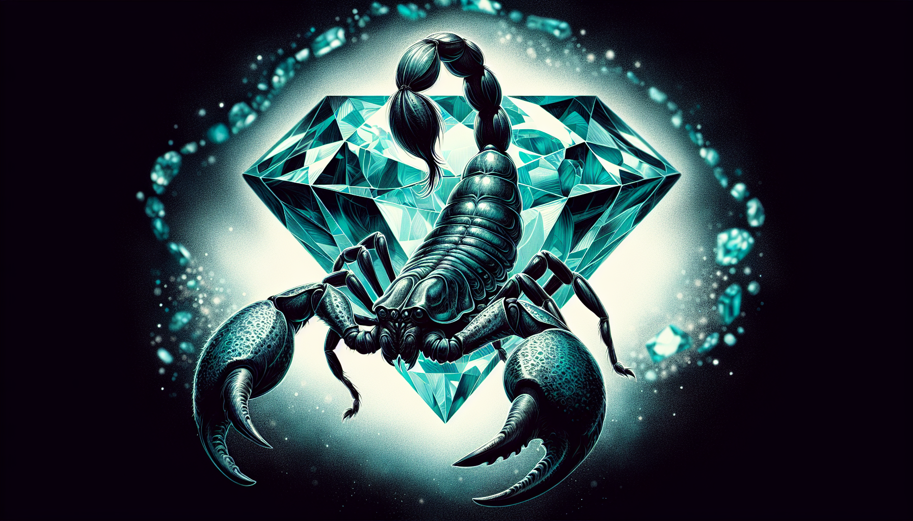 A blurred illustration of a scorpion and a turquoise gemstone