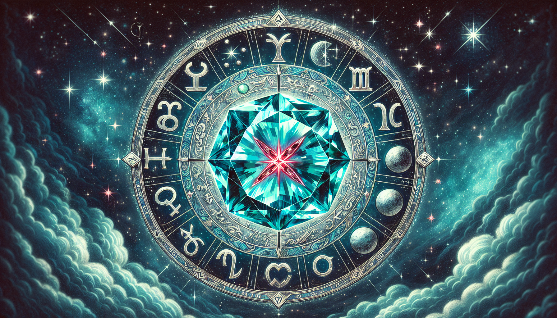 Illustration depicting zodiac signs and a red cross over aquamarine for individuals who should avoid wearing it