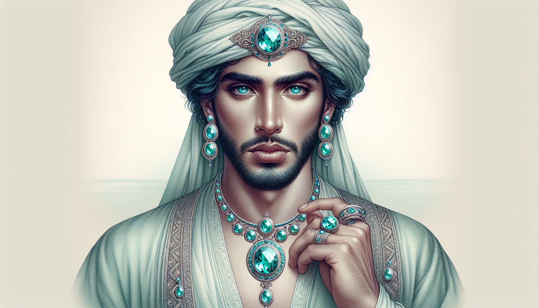 Illustration of a person wearing aquamarine jewelry and exuding a sense of clarity and emotional balance