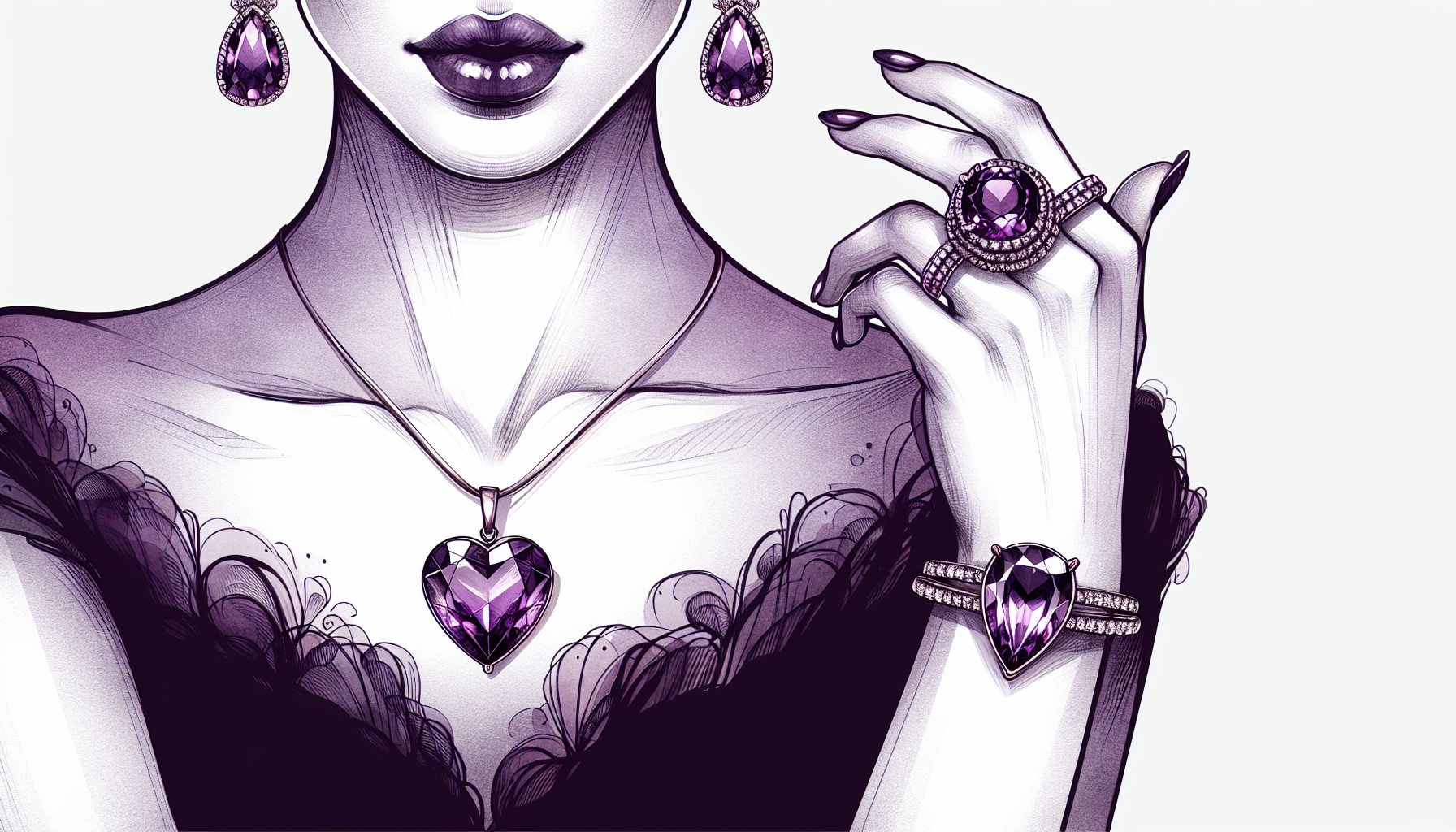 Illustration of a person wearing amethyst stone jewelry