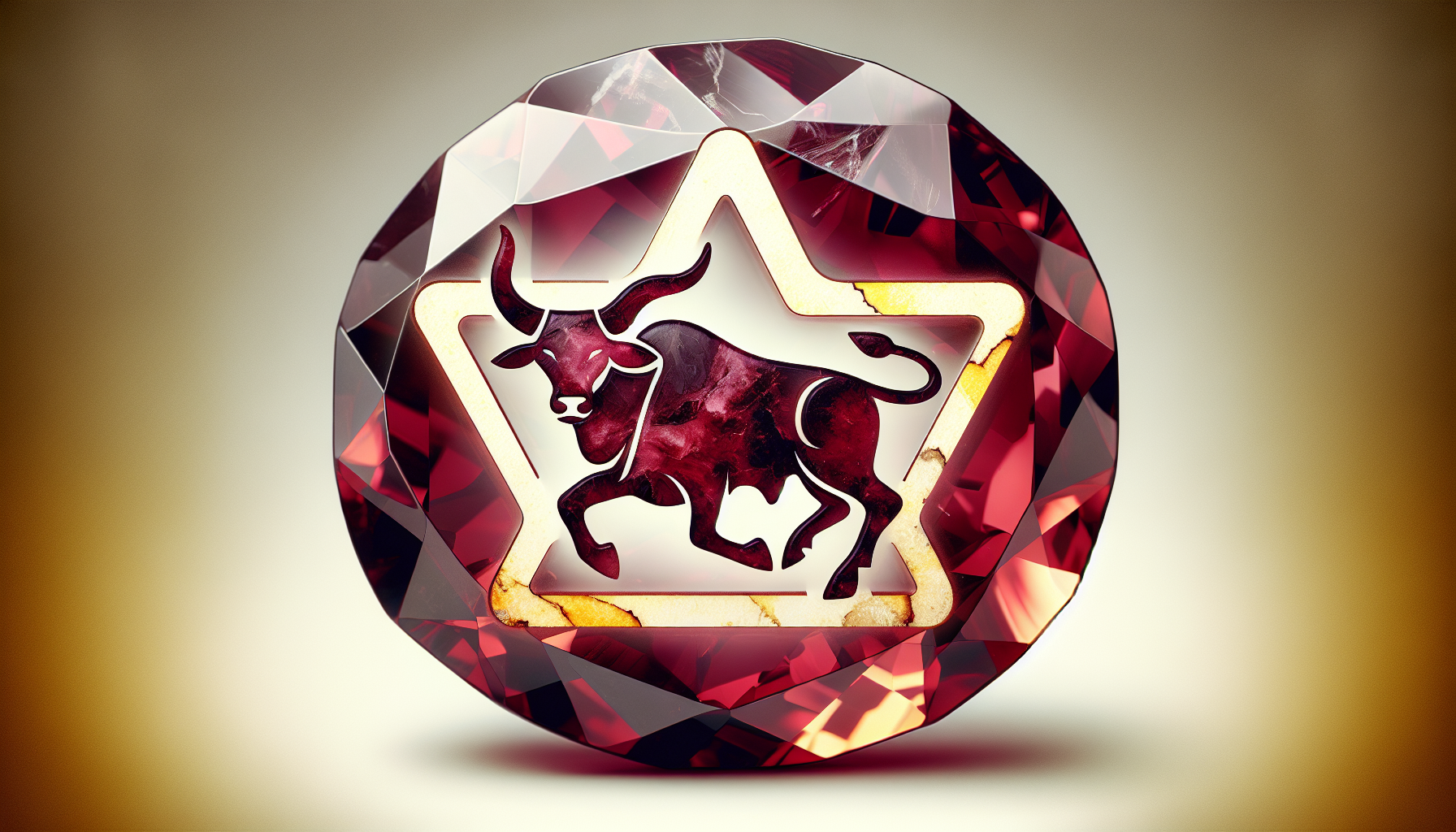 Taurus symbol with caution sign over garnet stone