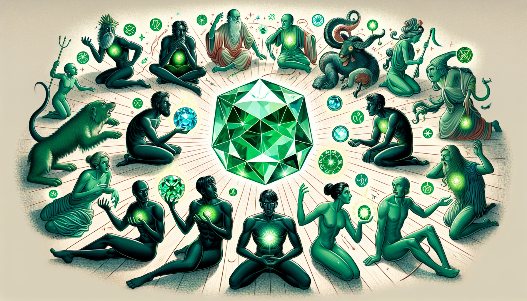 Illustration of astrological signs and emerald gemstone