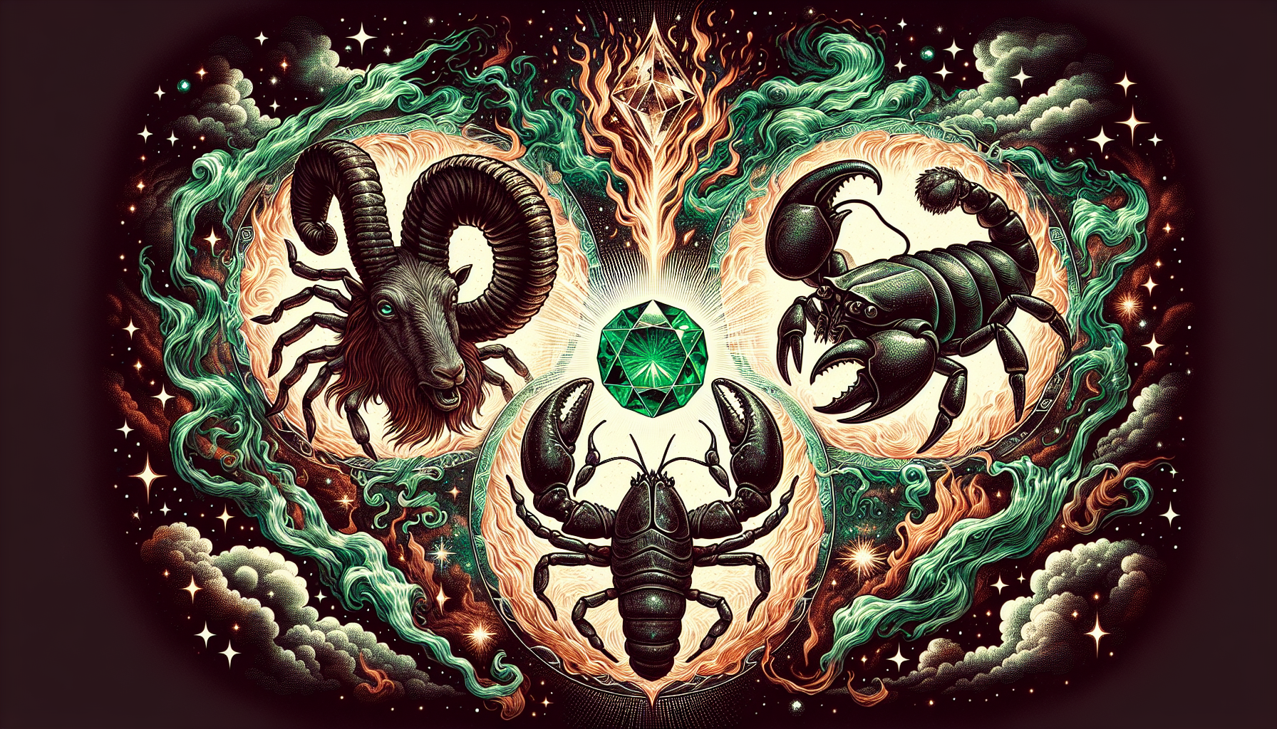 Illustration of Aries, Scorpio, and Cancer zodiac signs