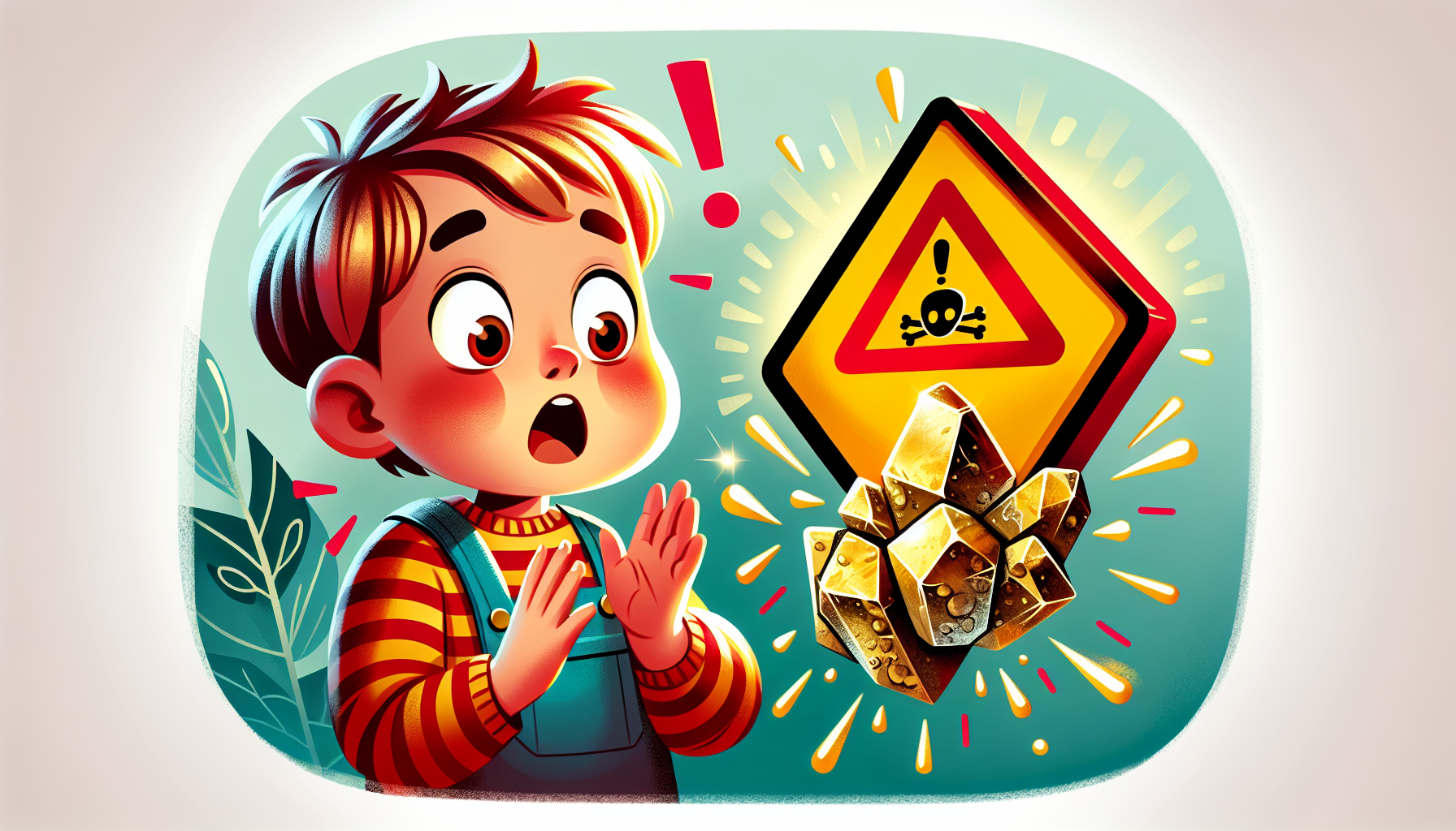 Cartoon of a child with a hazard sign over pyrite