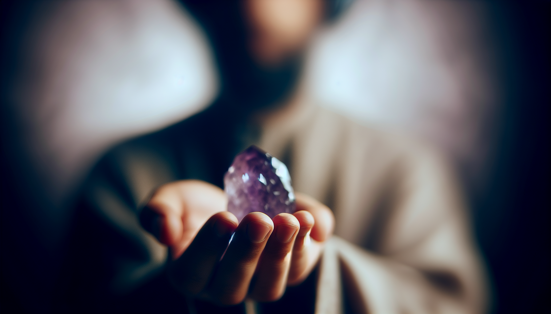 Person holding a blurred amethyst stone