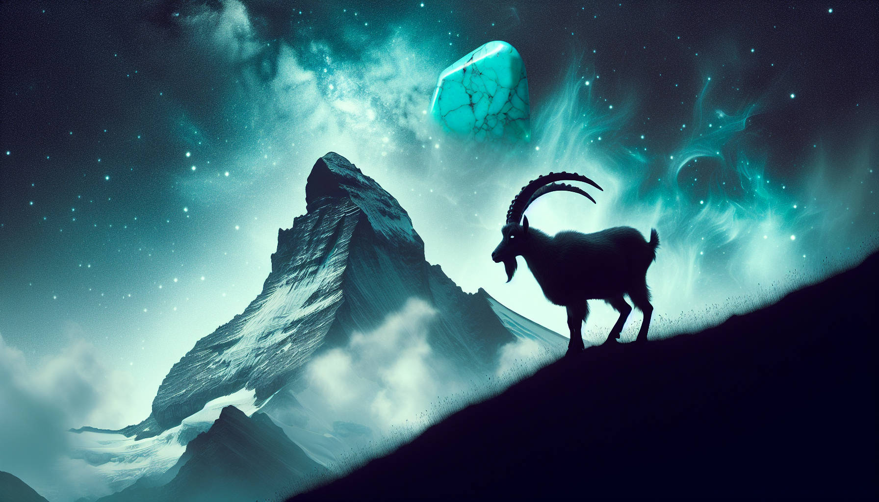 An obscured image of a mountain goat and a turquoise stone