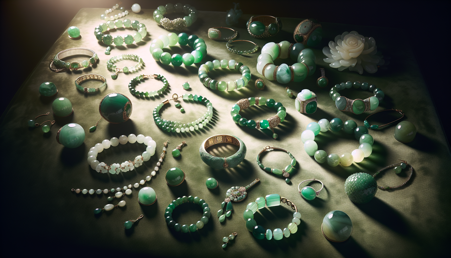 Various jade jewelry pieces including bracelets, bangles, and pendants