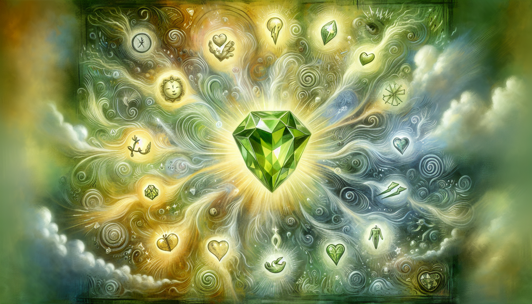 A vibrant depiction of the potential side effects of wearing peridot, with symbols of emotional and physical reactions.