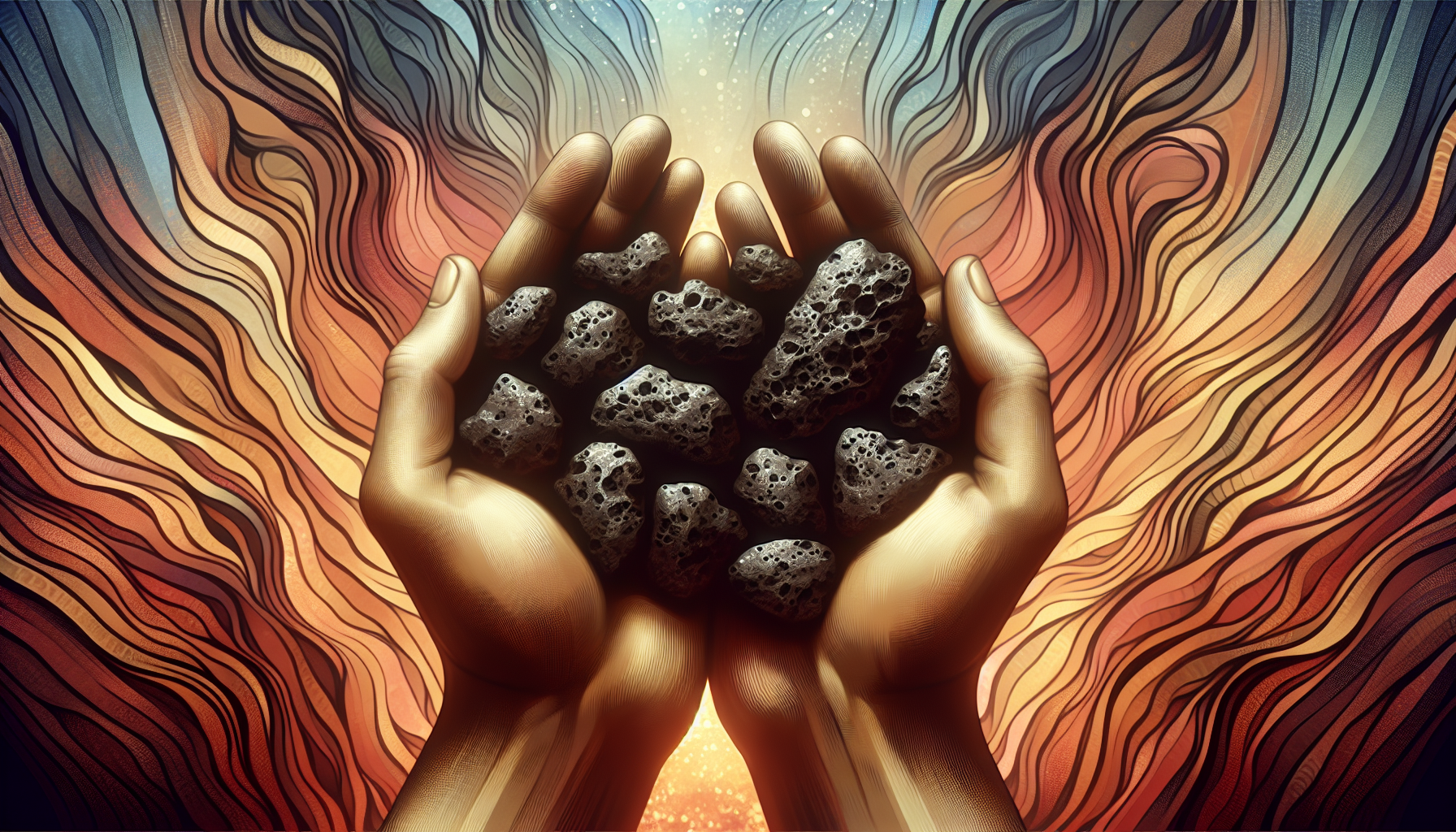 Illustration of hands holding lava stones for relaxation