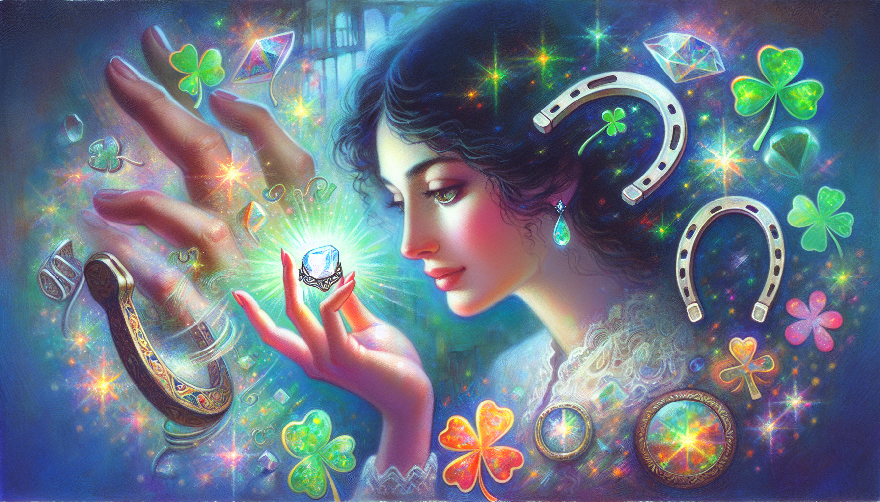 An illustration depicting superstitions surrounding opal jewelry, with a blurred opal ring in the background.