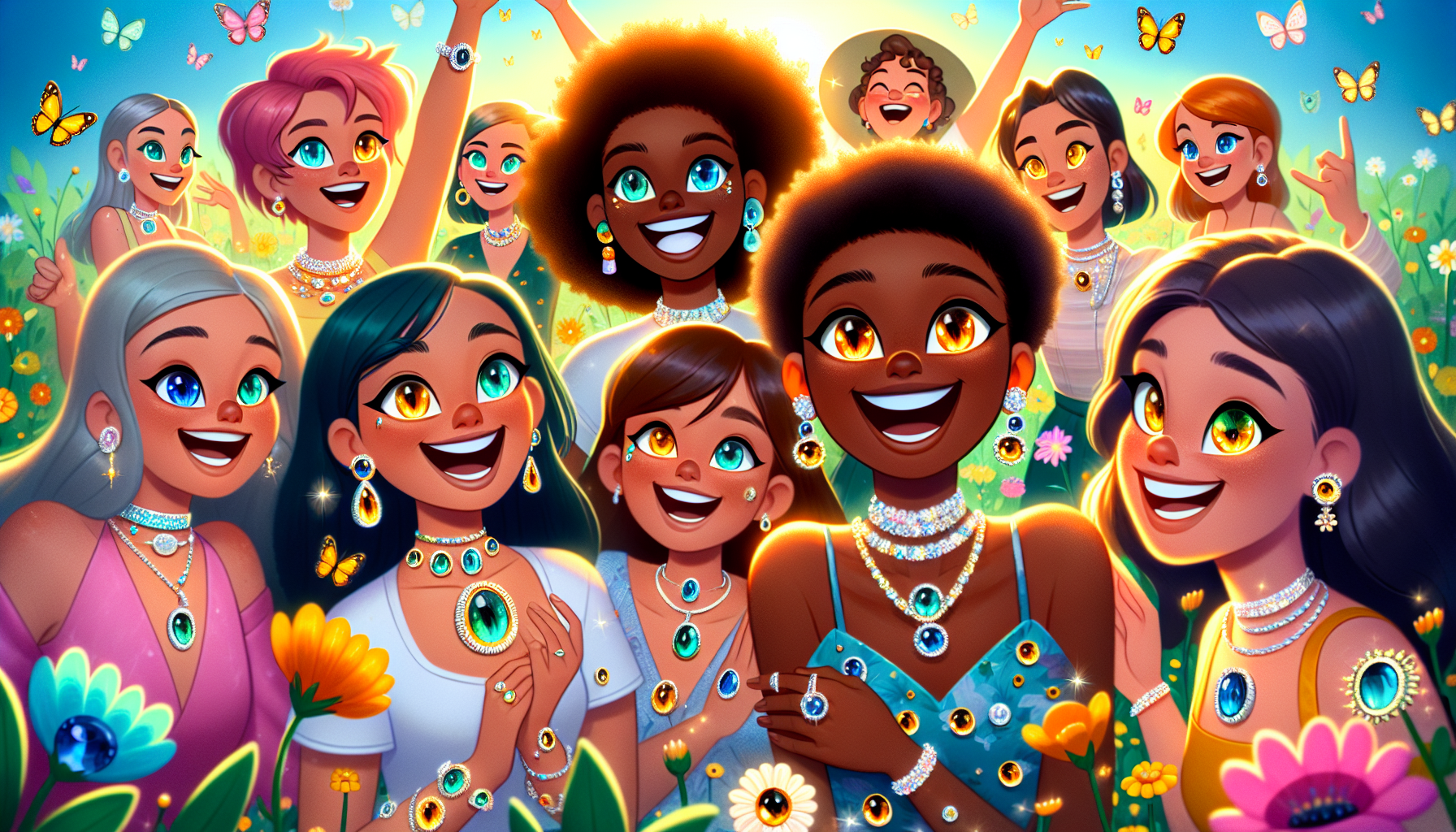 An illustration of individuals happily wearing cat's eye stone jewelry