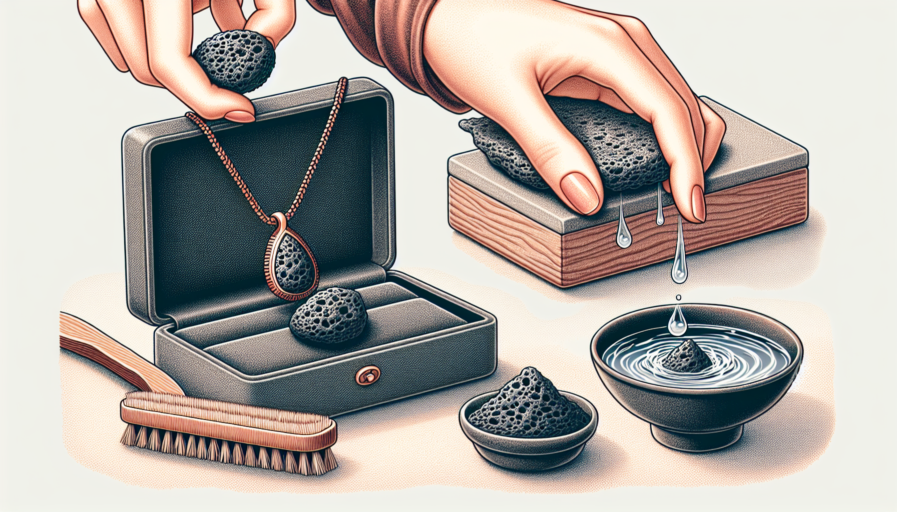 Illustration of caring for lava stone jewelry