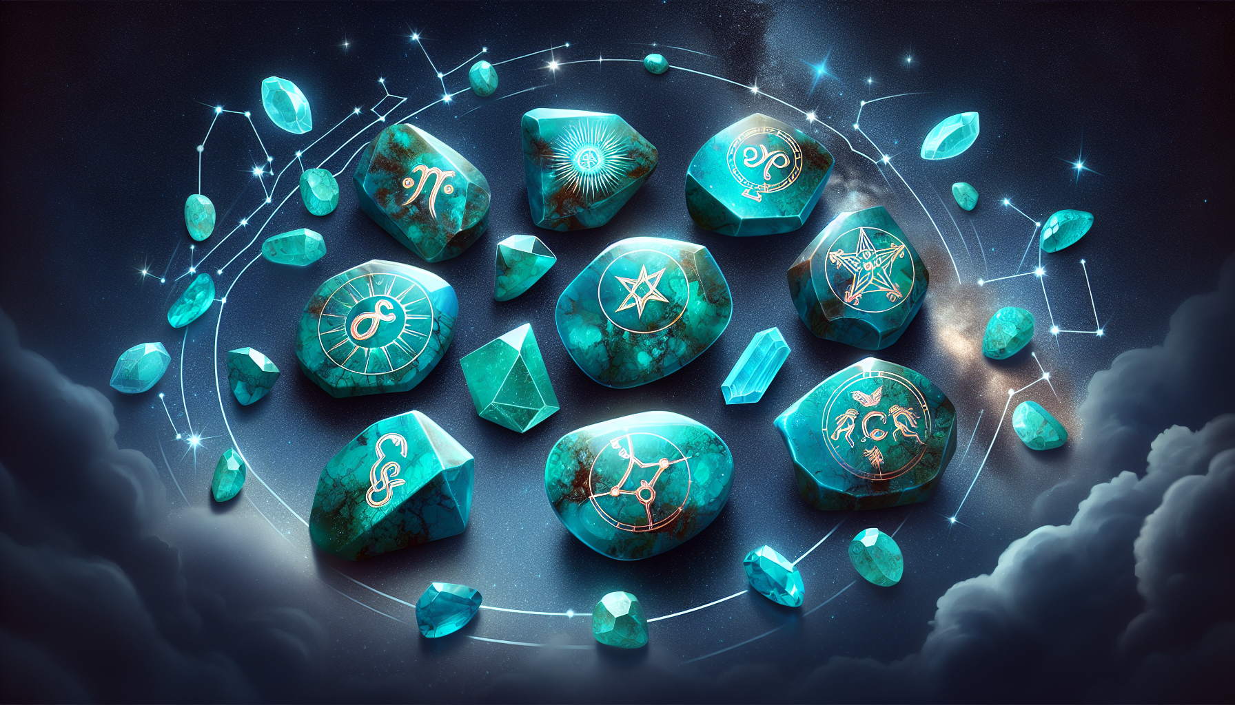 Illustration of Taurus, Gemini, Libra, Sagittarius, Aquarius, and Pisces symbols with turquoise stones to signify wearing turquoise stone