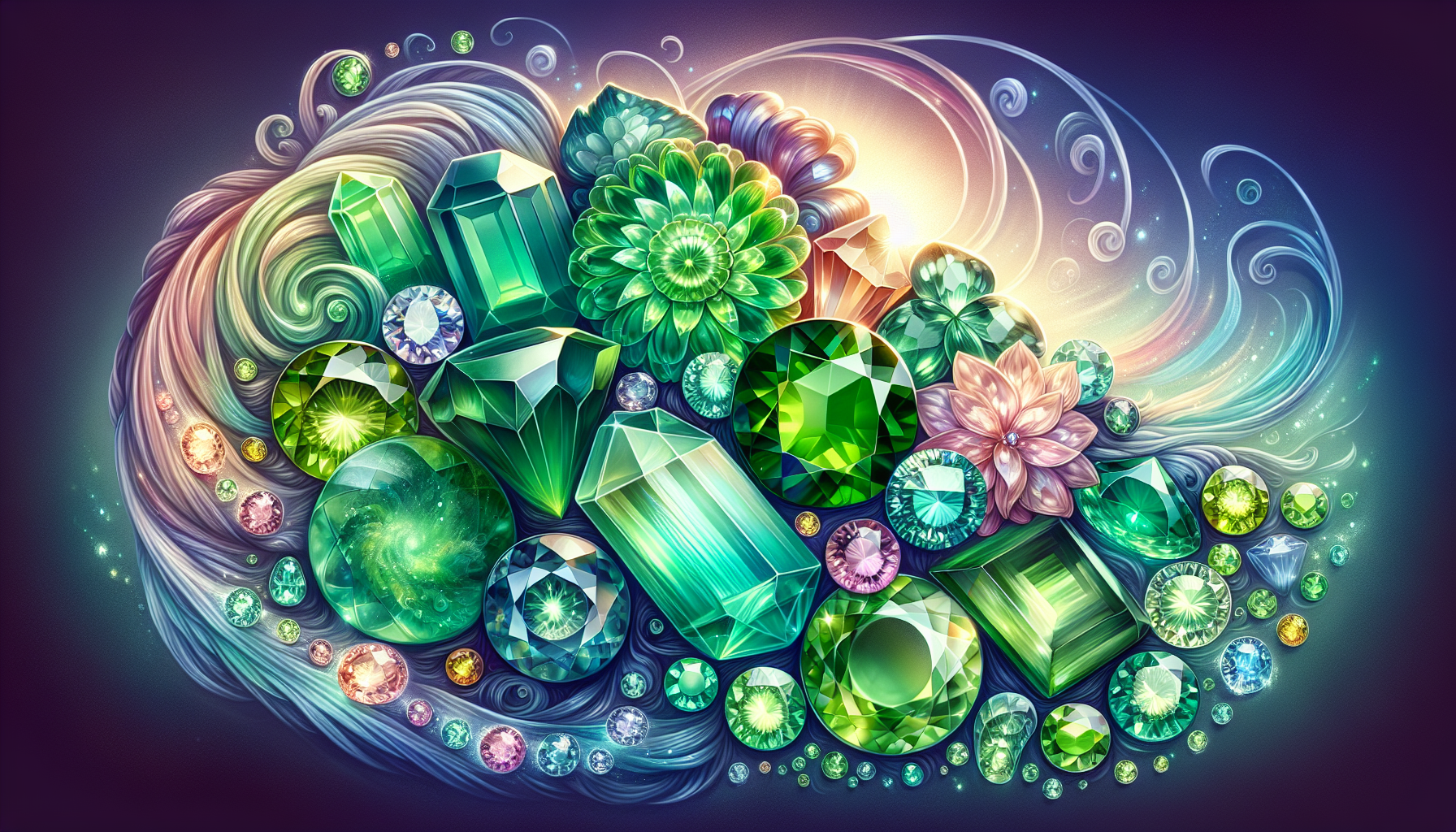 An artistic representation of alternative gemstones for those who can't wear peridot, showcasing various colorful stones.