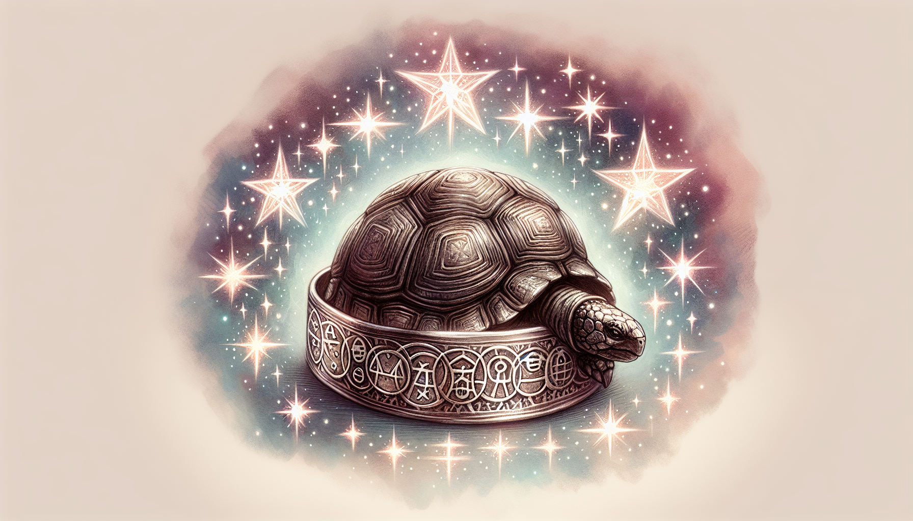 Illustration of a tortoise ring surrounded by shining stars