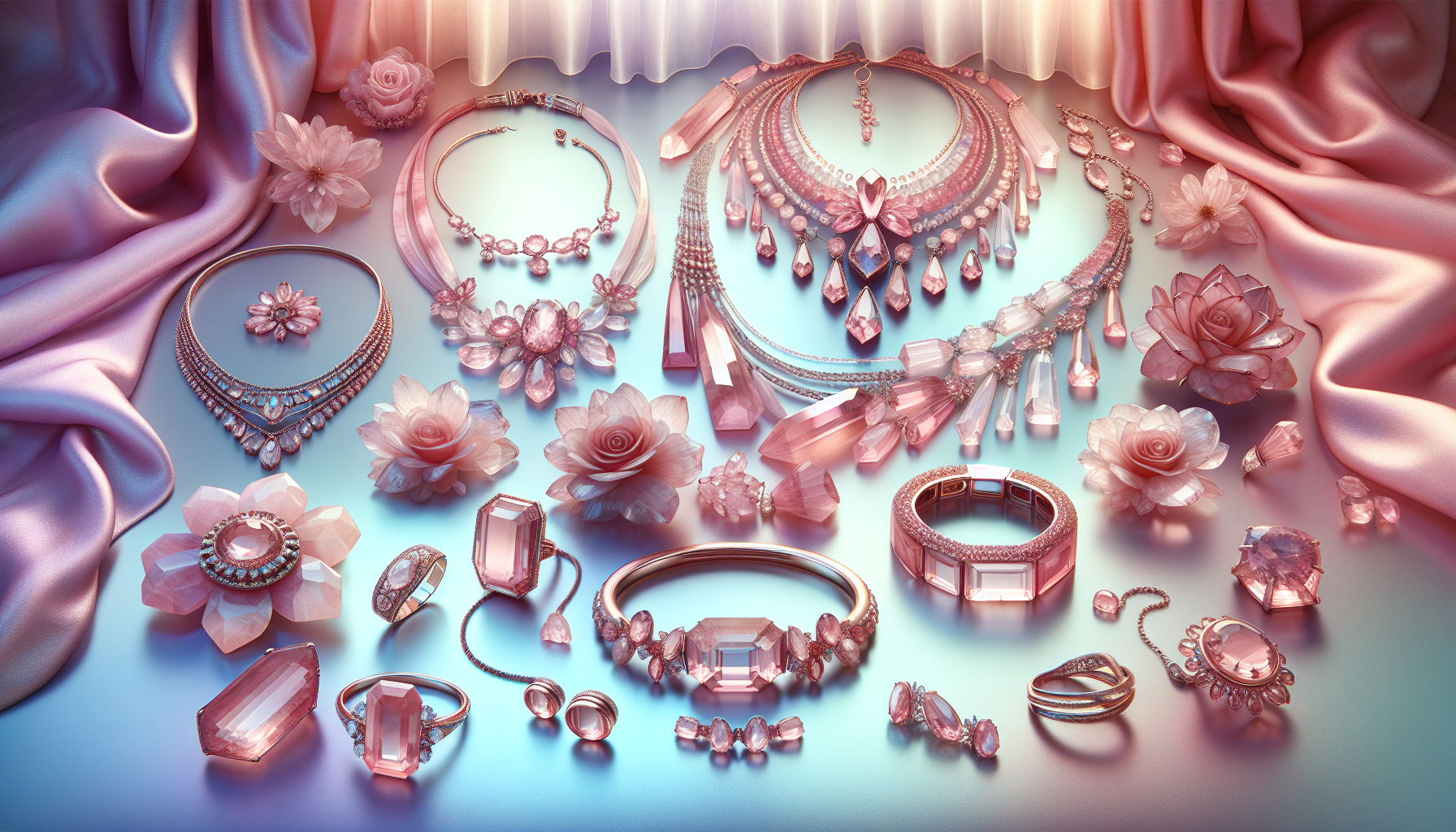 A beautiful illustration of various rose quartz jewelry pieces.