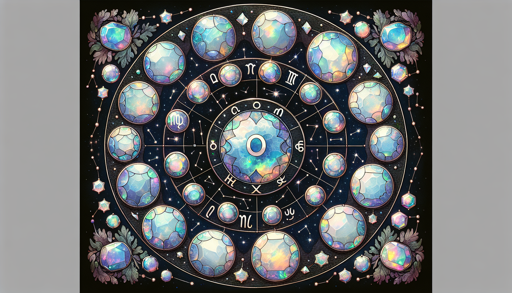 An artistic depiction of zodiac signs with opal gemstones.