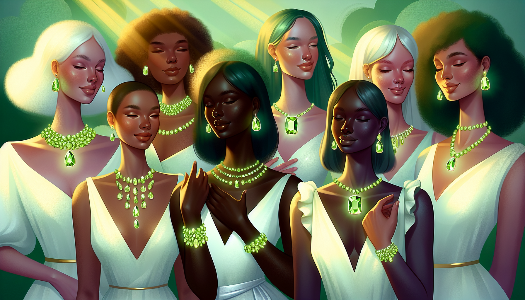 An artistic depiction of individuals wearing peridot, showcasing its benefits.