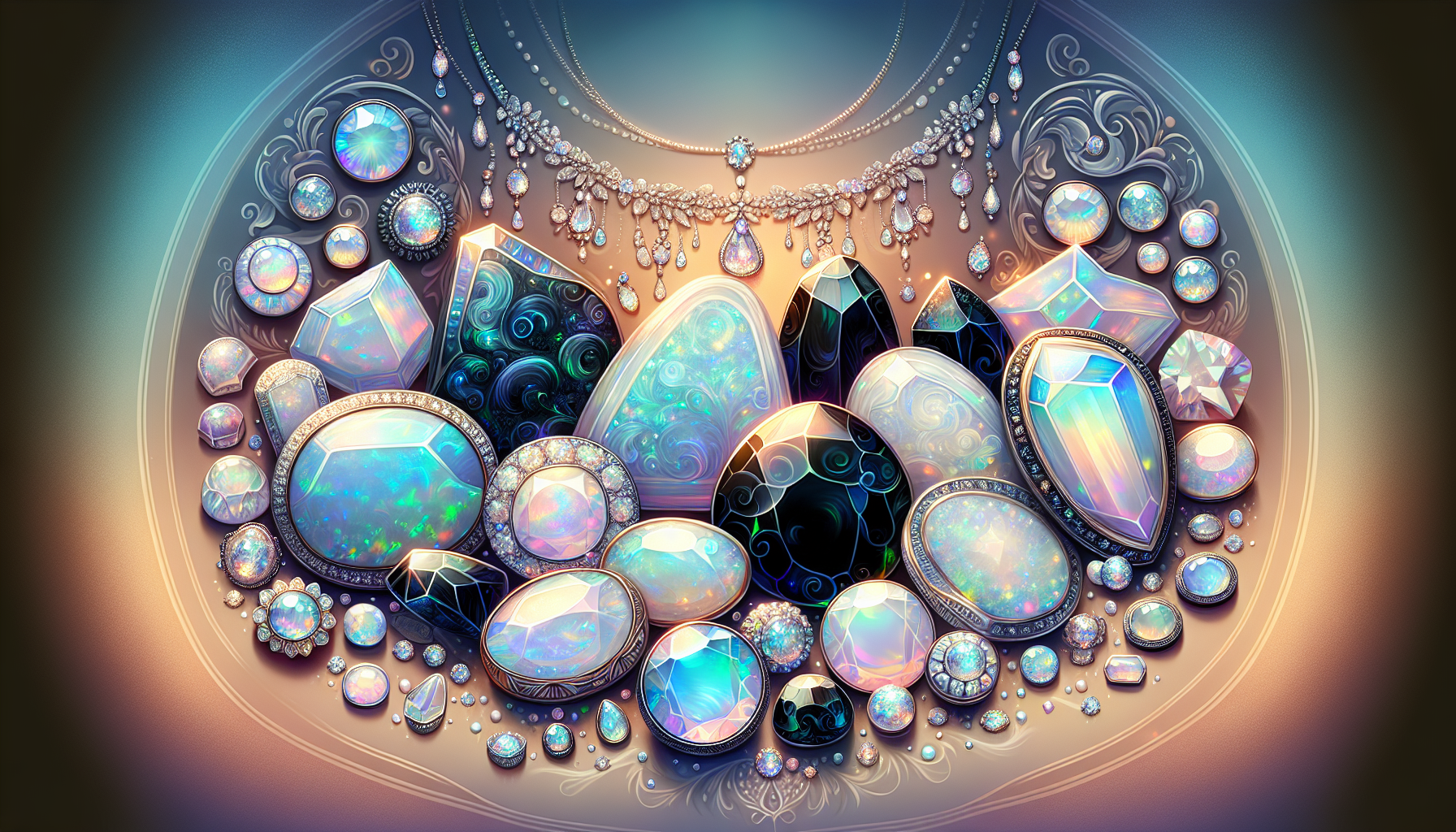 An illustration showing various opal gemstones and their characteristics.