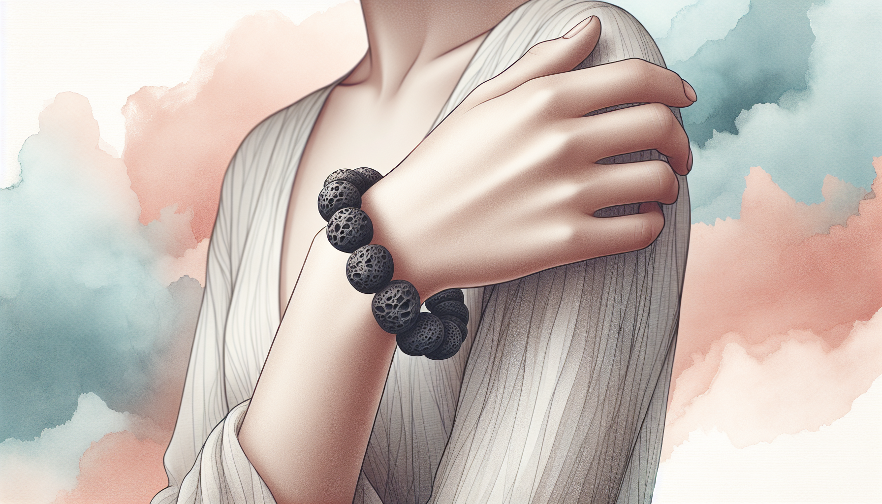 A person wearing a lava stone bracelet, showcasing its rough texture and calming properties.