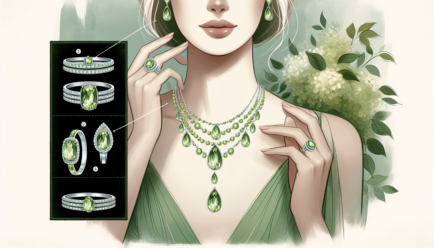 An illustration showing how to wear peridot jewelry effectively.