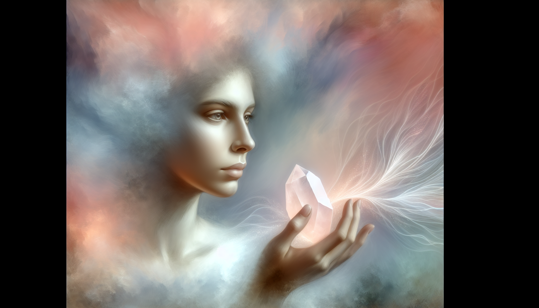 An illustration depicting a person contemplating wearing rose quartz, with a blurred image of the gemstone.