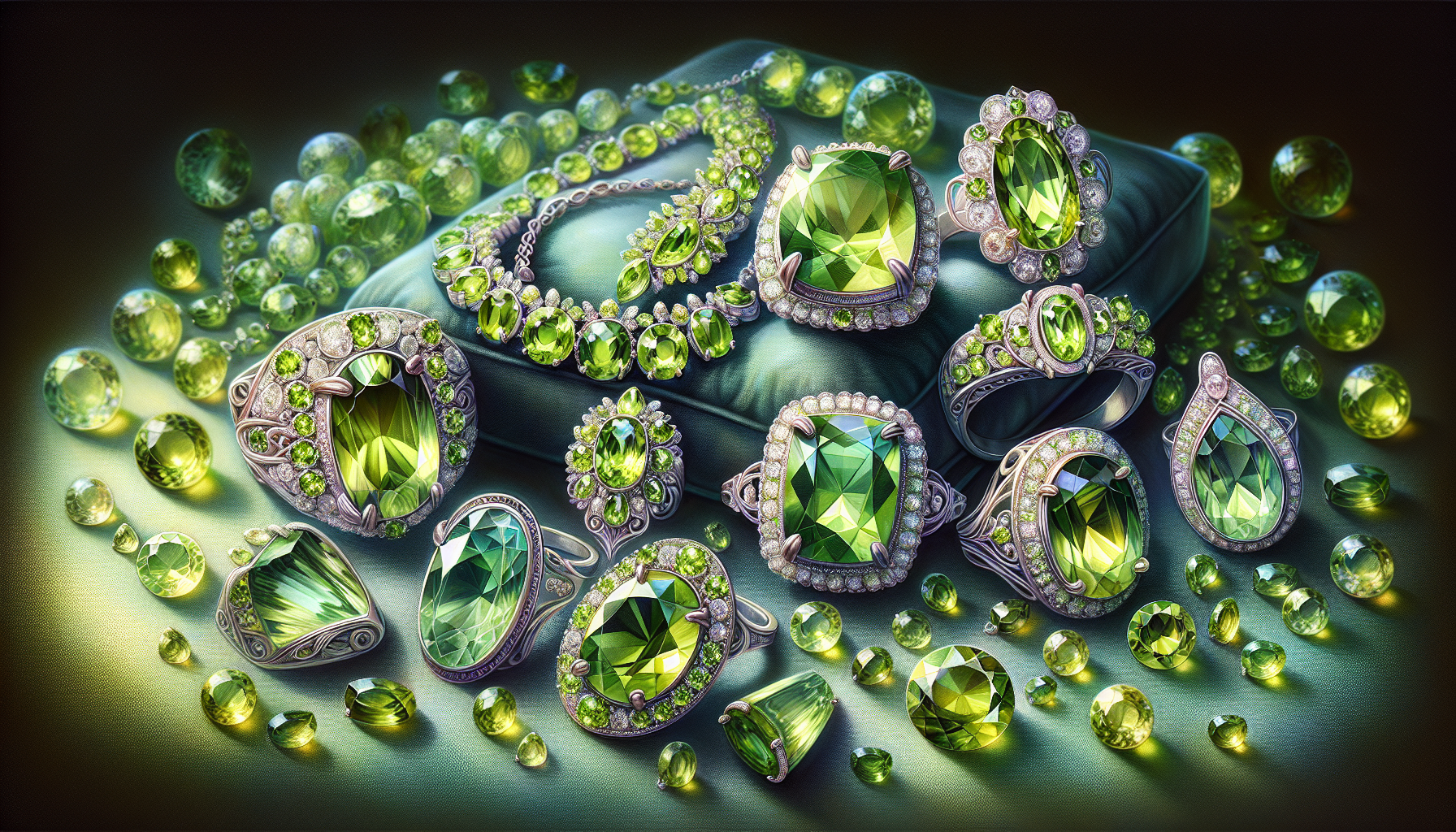 An illustration showing various types of peridot jewelry and gemstones.