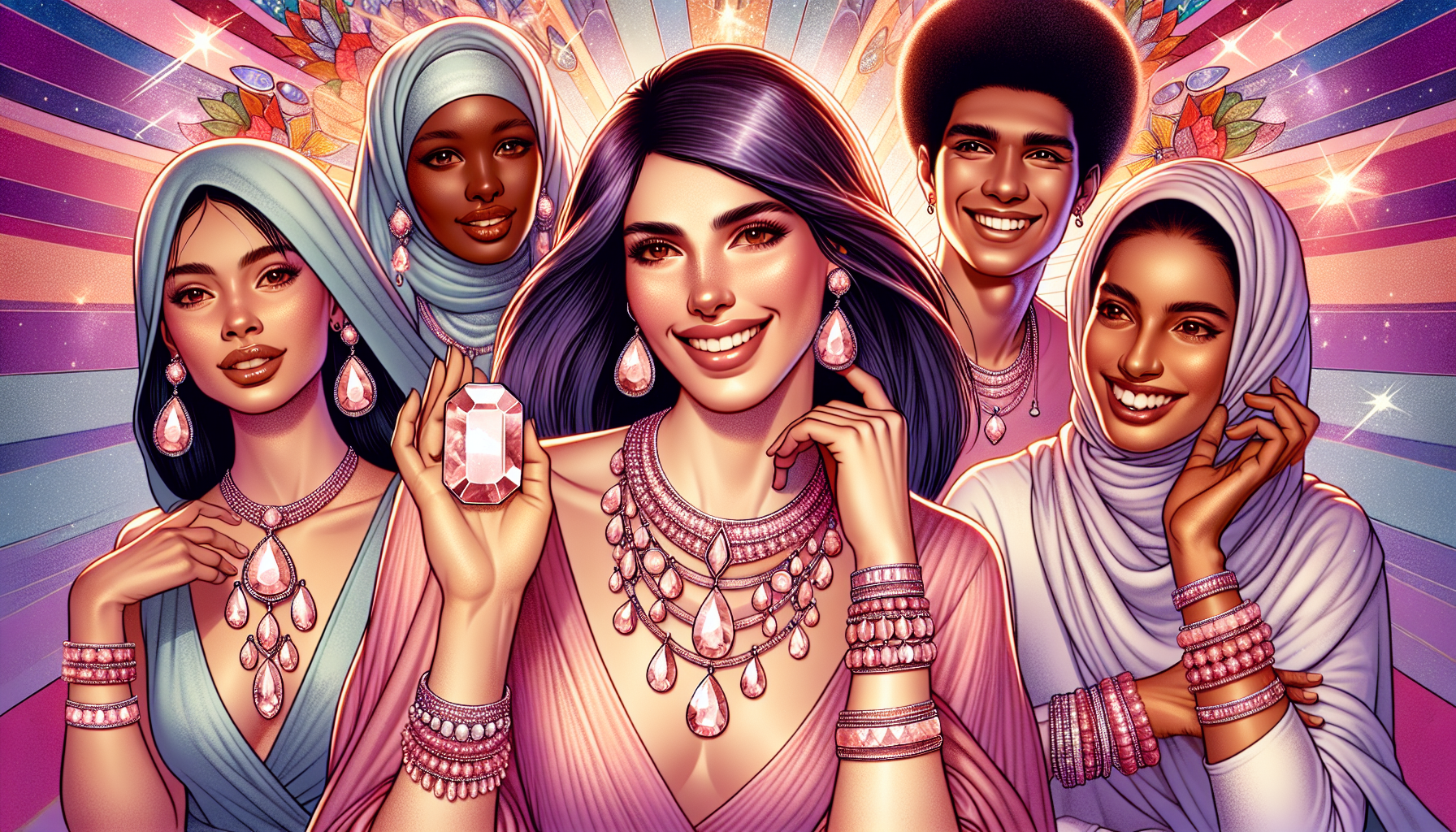 An artistic representation of individuals wearing rose quartz jewelry, showcasing its beauty.